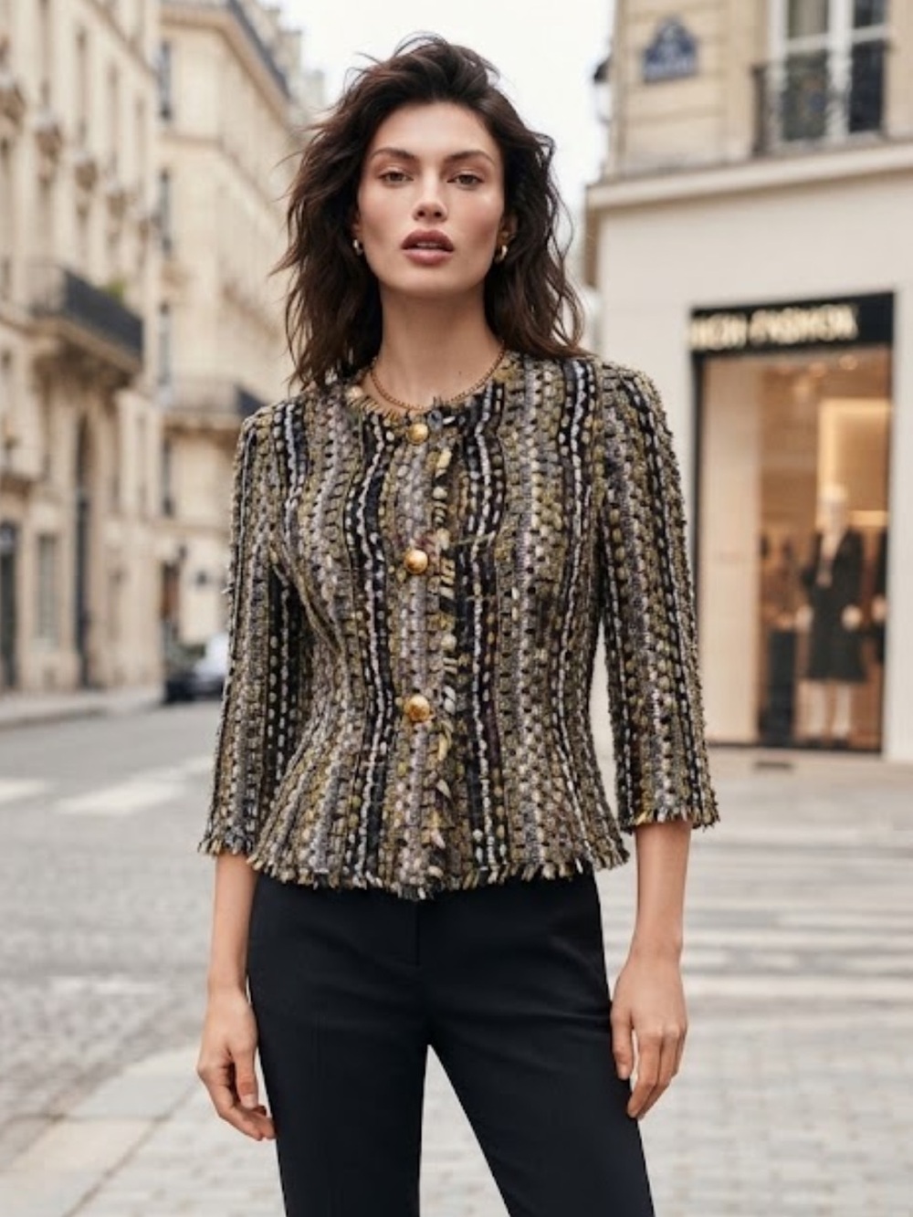NWOT CAbi Tweed Boucle Fringe Blazer Gold Buttons